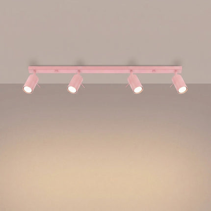 Plafonnier Barre 4 Spots Orientables Rose Poudré, lumière allumée