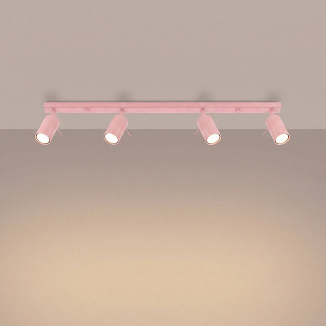 Plafonnier Barre 4 Spots Orientables Rose Poudré, lumière allumée