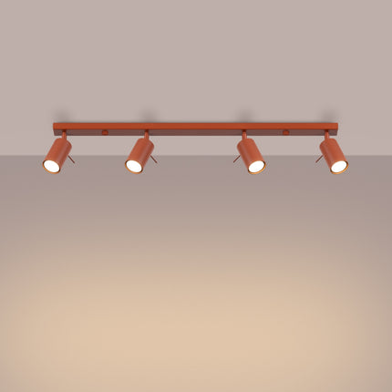 Plafonnier Barre 4 Spots Orientables Rouge Ocre, lumière allumée
