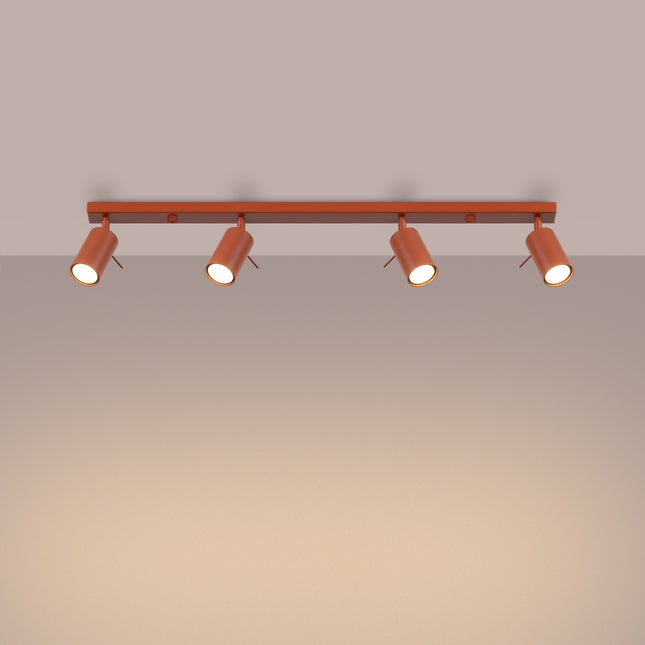 Plafonnier Barre 4 Spots Orientables Rouge Ocre, lumière allumée