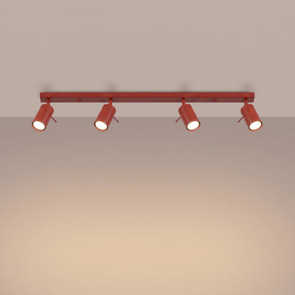 Plafonnier Barre 4 Spots Orientables Rouge Vif, lumière allumée
