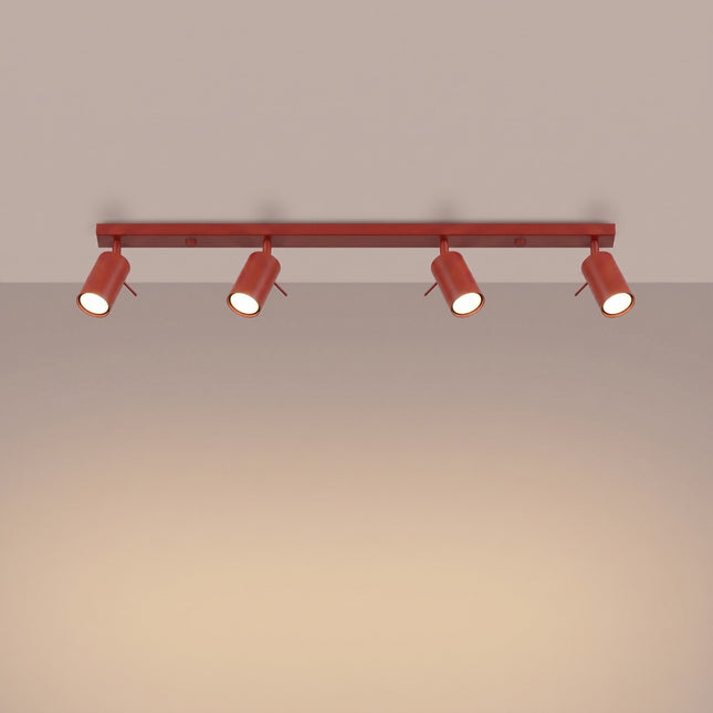Plafonnier Barre 4 Spots Orientables Rouge Vif, lumière allumée