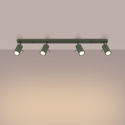 Plafonnier Barre 4 Spots Orientables Vert Olive, lumière allumée