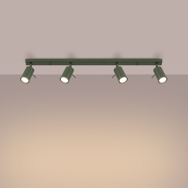 Plafonnier Barre 4 Spots Orientables Vert Olive, lumière allumée