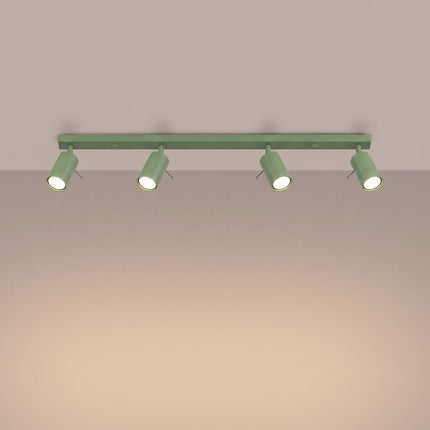 Plafonnier Barre 4 Spots Orientables Vert Sauge, lumière allumée