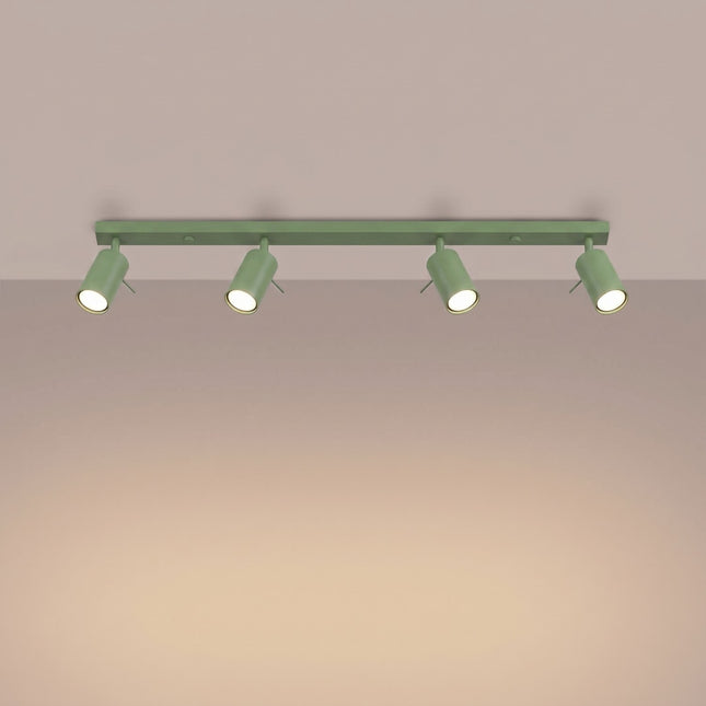 Plafonnier Barre 4 Spots Orientables Vert Sauge, lumière allumée