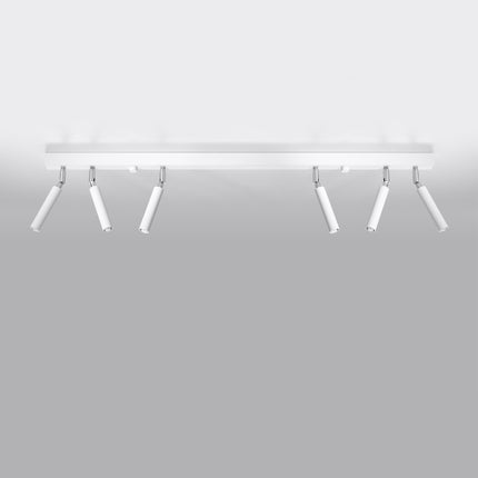 Plafonnier barre en acier blanc avec 6 spots orientables cylindriques, vue en contre-plongee