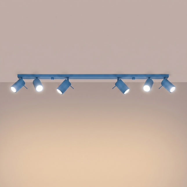Plafonnier Barre 6 Spots Orientables Bleu Azur, lumière allumée