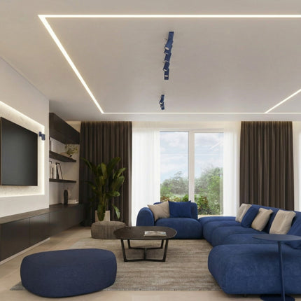 Plafonnier Barre 6 Spots Orientables Bleu Outremer, mise en situation