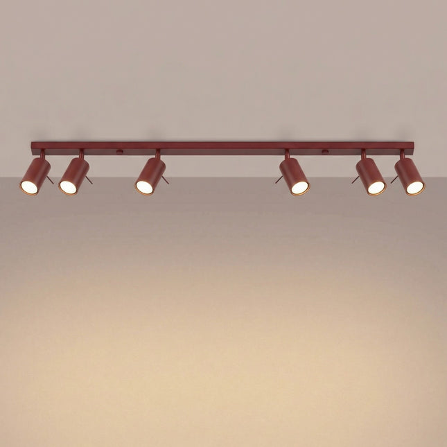 Plafonnier Barre 6 Spots Orientables Bordeaux, lumière allumée