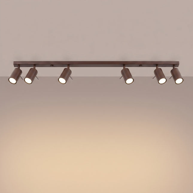 Plafonnier Barre 6 Spots Orientables Brun Chocolat, lumière allumée