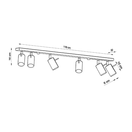 plafonnier barre 6 spots orientables brun chocolat, schéma de cotes