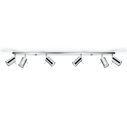 Plafonnier barre de 118 cm à 6 spots cylindriques orientables en acier chromé brillant, fond blanc