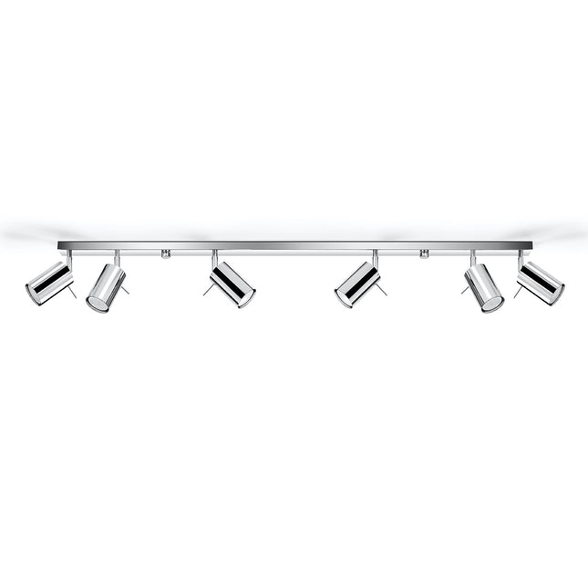 Plafonnier barre de 118 cm à 6 spots cylindriques orientables en acier chromé brillant, fond blanc