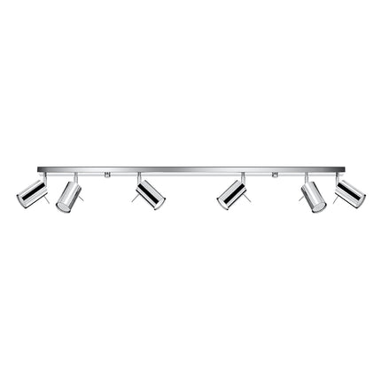 Plafonnier barre chromé à 6 spots vu de profil, têtes cylindriques orientées, fond blanc