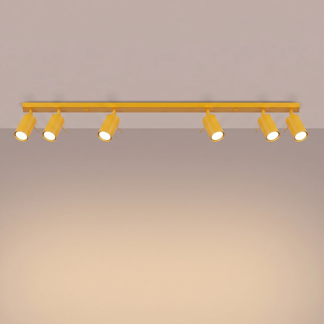 Plafonnier Barre 6 Spots Orientables Jaune Ambré, lumière allumée