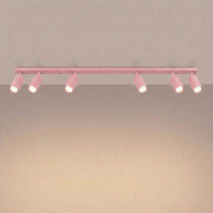 Plafonnier Barre 6 Spots Orientables Rose Poudré, lumière allumée