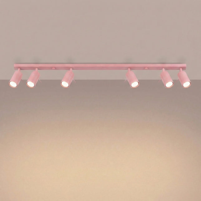 Plafonnier Barre 6 Spots Orientables Rose Poudré, lumière allumée