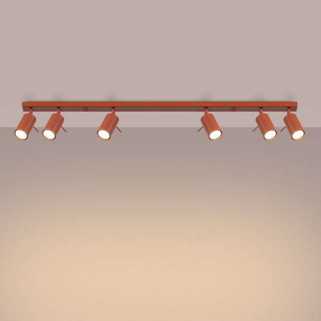 Plafonnier Barre 6 Spots Orientables Rouge Ocre, lumière allumée