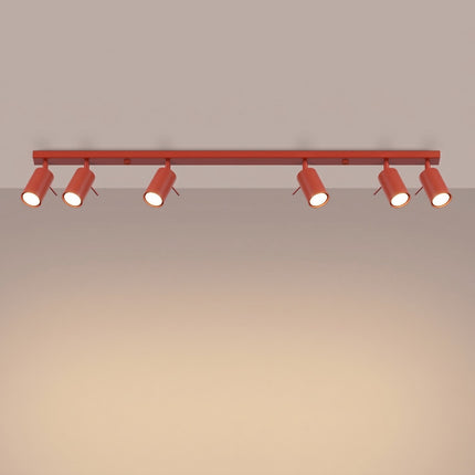 Plafonnier Barre 6 Spots Orientables Rouge Vif, lumière allumée