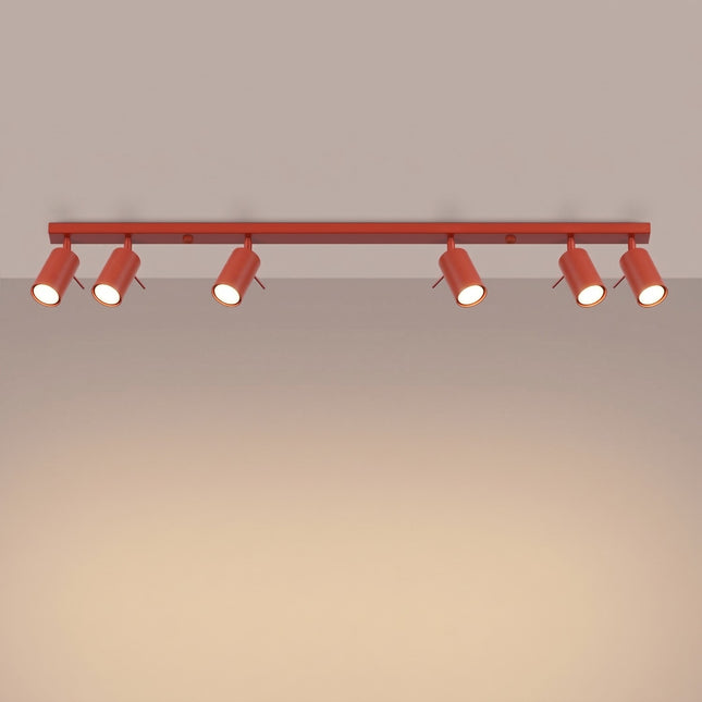 Plafonnier Barre 6 Spots Orientables Rouge Vif, lumière allumée