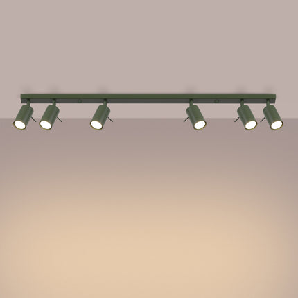 Plafonnier Barre 6 Spots Orientables Vert Olive, lumière allumée