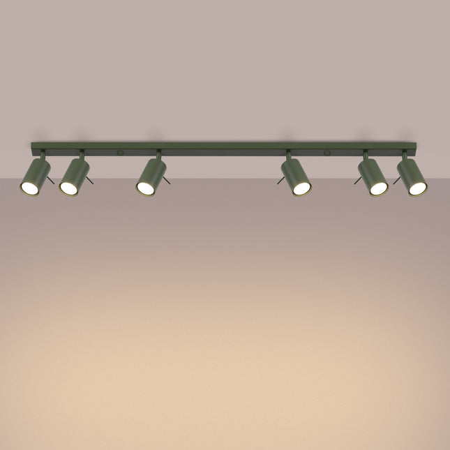 Plafonnier Barre 6 Spots Orientables Vert Olive, lumière allumée