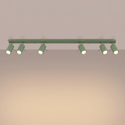 Plafonnier Barre 6 Spots Orientables Vert Sauge, lumière allumée
