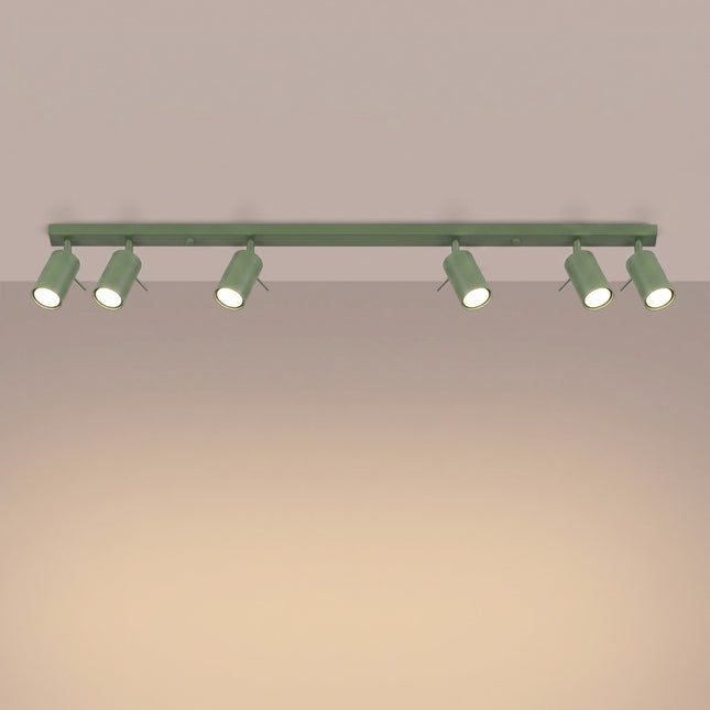 Plafonnier Barre 6 Spots Orientables Vert Sauge, lumière allumée