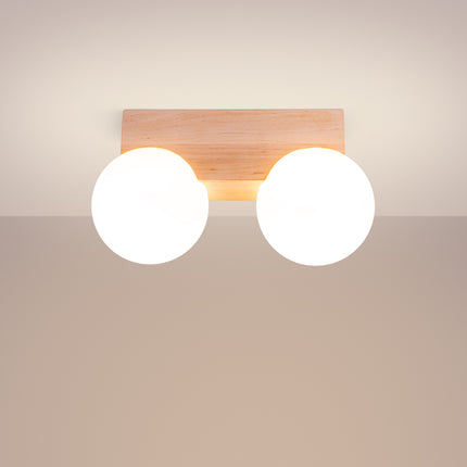 plafonnier barre de bois 2 globes opale, lumière allumée