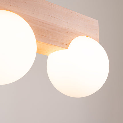 plafonnier barre de bois 2 globes opale, vue de détail