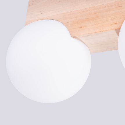 plafonnier barre de bois 2 globes opale, packshot de trois quarts