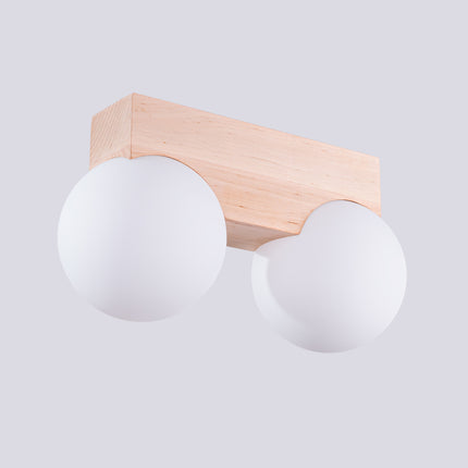 plafonnier barre de bois 2 globes opale, détail de la fixation