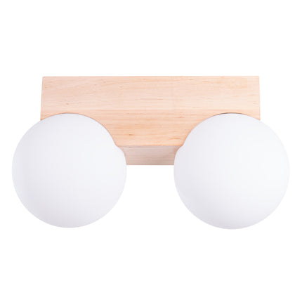 plafonnier barre de bois 2 globes opale, packshot sur fond blanc