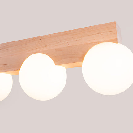 plafonnier barre de bois 3 globes opale, vue de détail