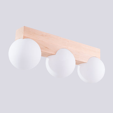 plafonnier barre de bois 3 globes opale, détail de la fixation