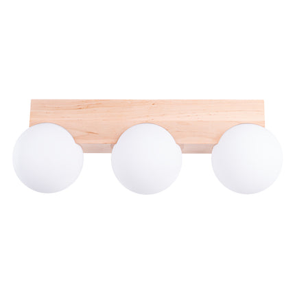plafonnier barre de bois 3 globes opale, packshot sur fond blanc