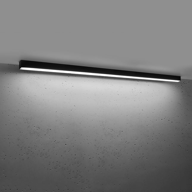 Plafonnier barre moderne LED noir 150 cm allumé, diffuseur opale lumineux homogène