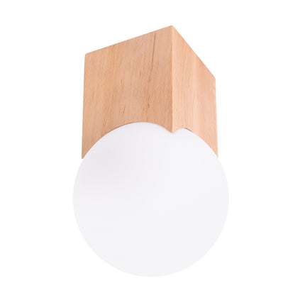 plafonnier bloc de bois carré et globe opale, packshot sur fond blanc