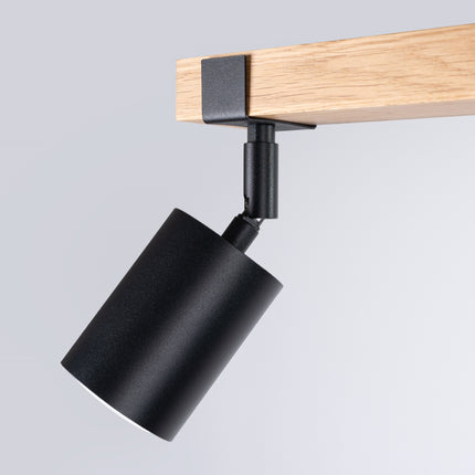 Vue rapprochée du plafonnier bois et acier noir 2 spots