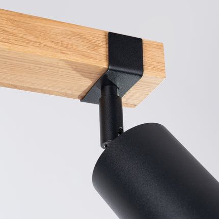 Détail supplémentaire du plafonnier bois et acier noir 2 spots