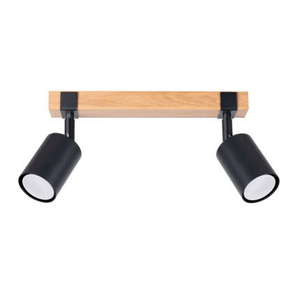 Plafonnier bois naturel et acier noir à 2 spots orientables, vue packshot