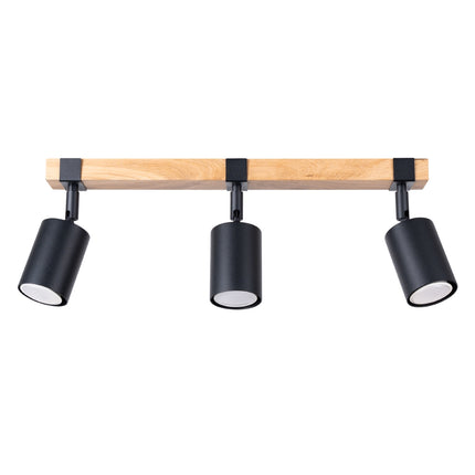 Plafonnier bois naturel et acier noir à 3 spots orientables, vue packshot