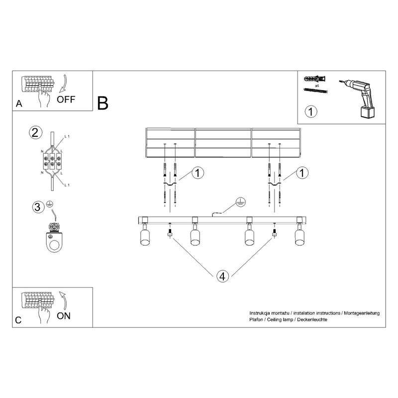 Dimensions Lámpara de techo con base de madera ajustable, 4 luces, color negro