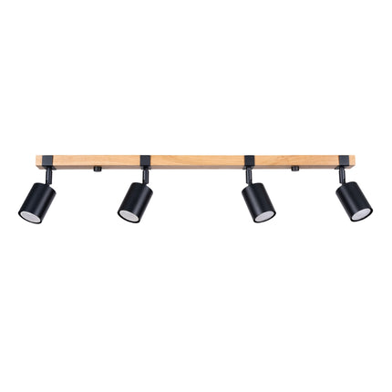 Plafonnier bois naturel et acier noir à 4 spots orientables, vue packshot