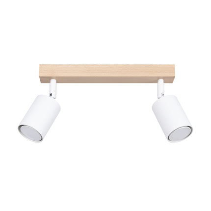 Plafonnier 2 spots en bois clair et acier blanc, vue de face sur fond blanc