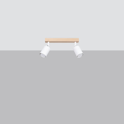 Plafonnier bois et métal blanc 2 spots avec ampoules LED allumées