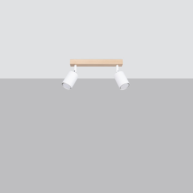 Plafonnier bois et métal blanc 2 spots avec ampoules LED allumées