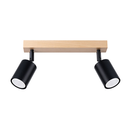 Plafonnier 2 spots en bois clair et acier noir, vue de face sur fond blanc