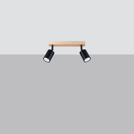 Plafonnier bois et métal noir 2 spots avec ampoules LED allumées